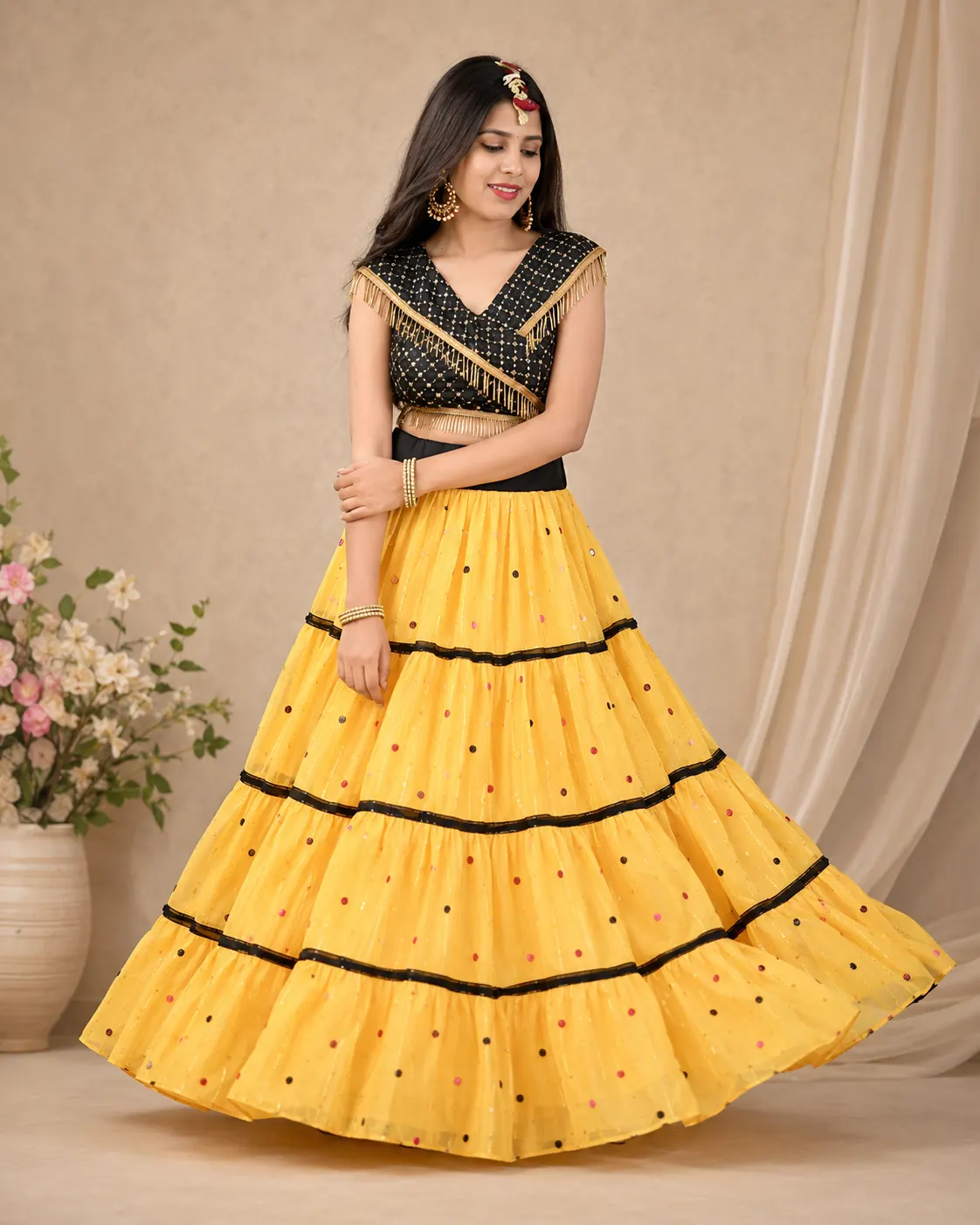 Yellow Tiered Lehenga with Black Golden Fringe Blouse