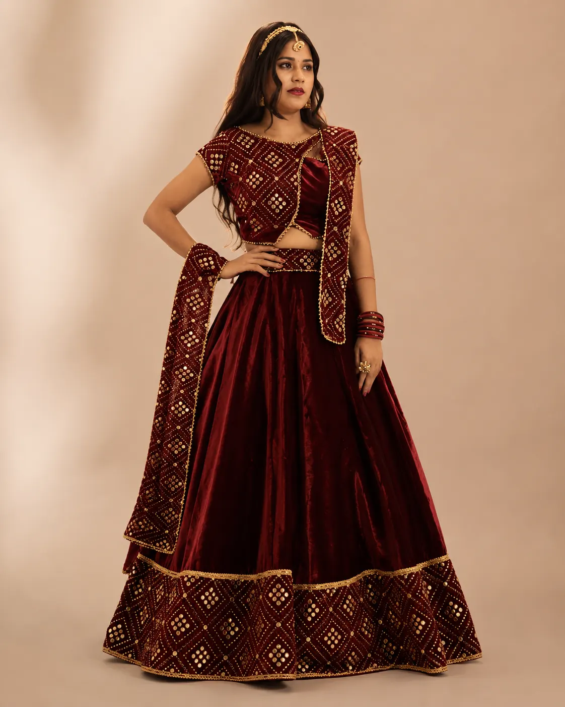 Maroon Velvet Designer Lehenga Set with Gold Mirror Work