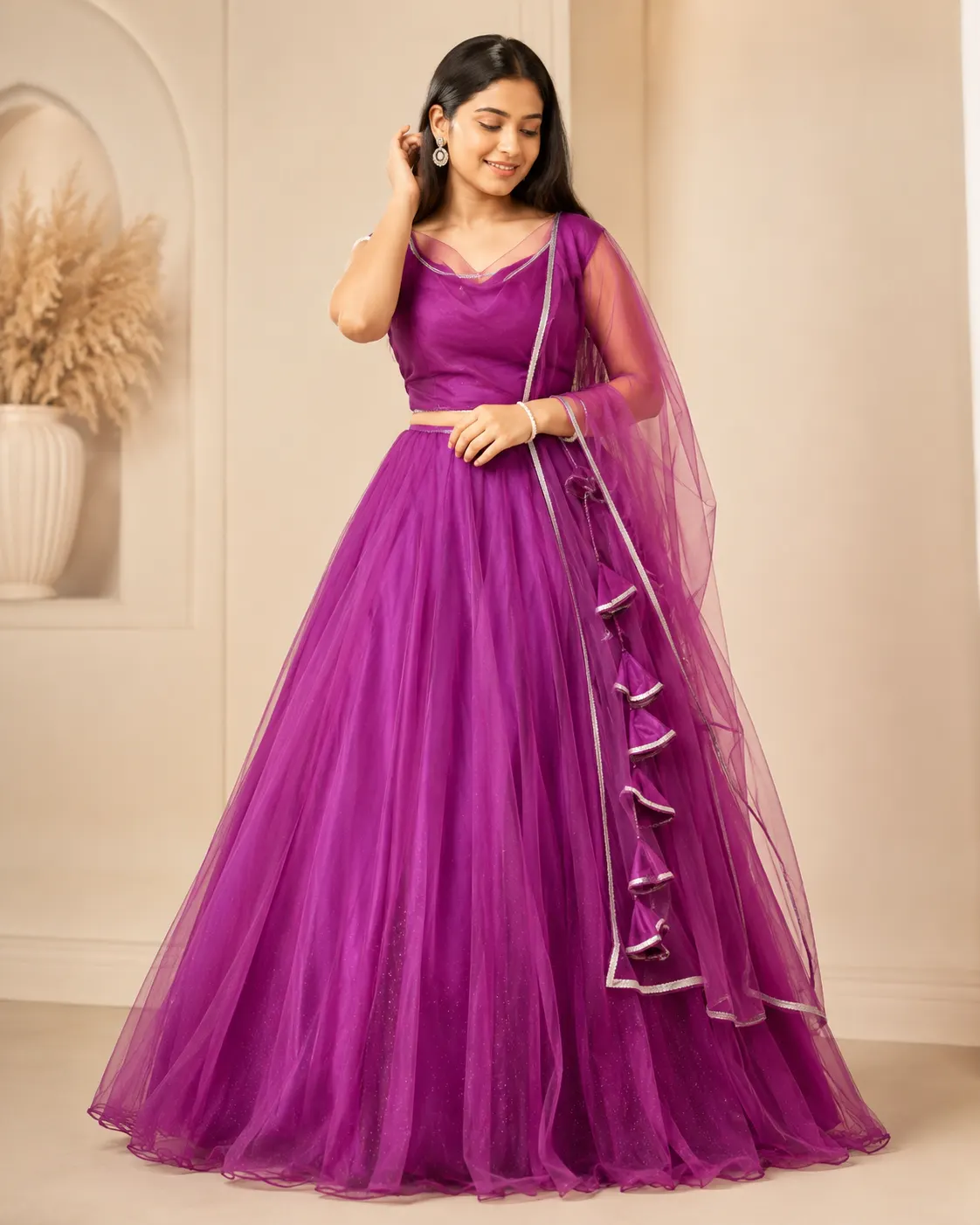 Purple Net Lehenga Gown with Dupatta